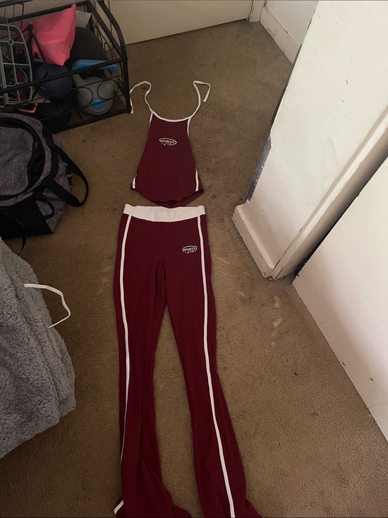 Fashion Nova Pants - Fashion Nova Maroon Flare Two-Piece Set with White Trim